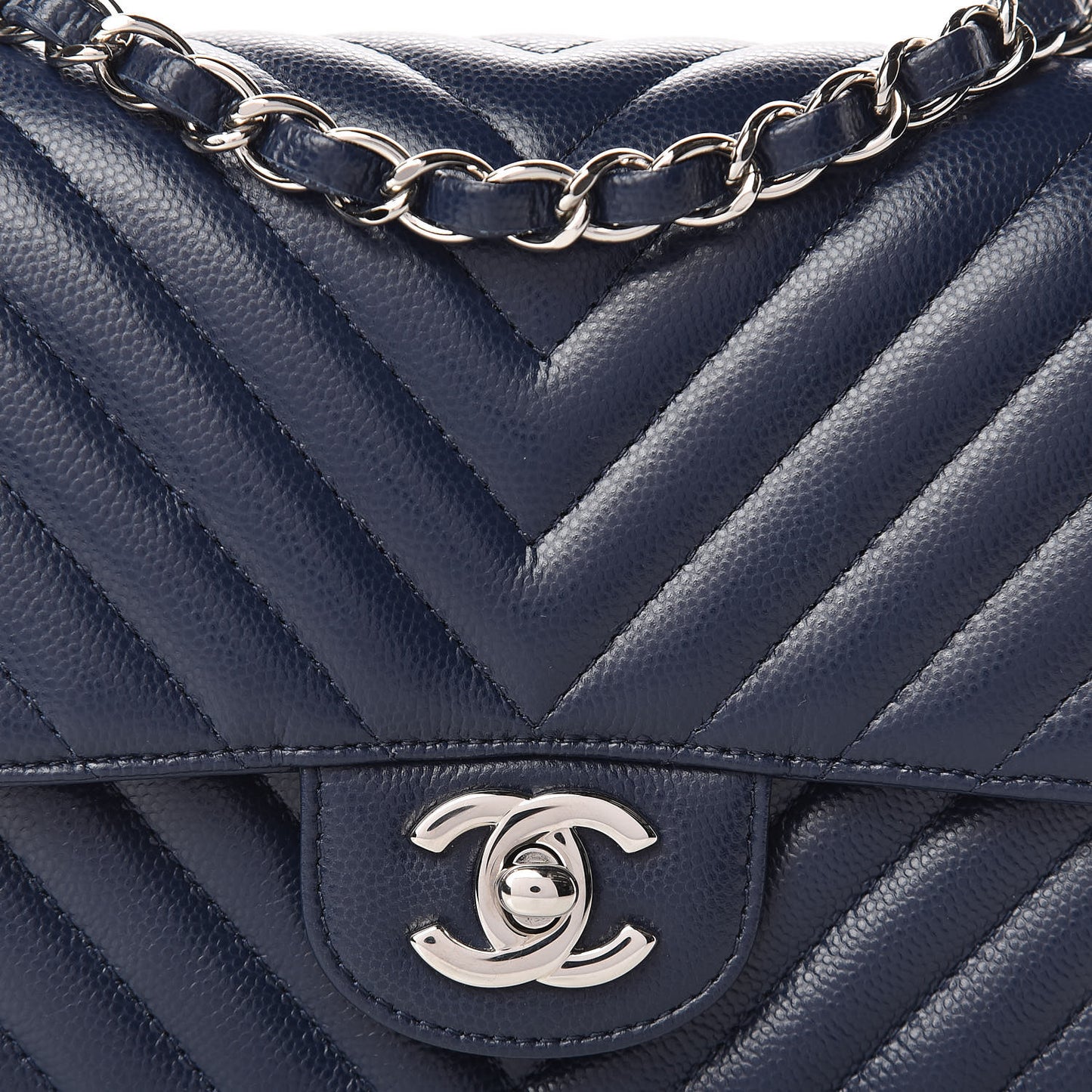 Caviar Chevron Quilted Mini Square Flap Dark Blue