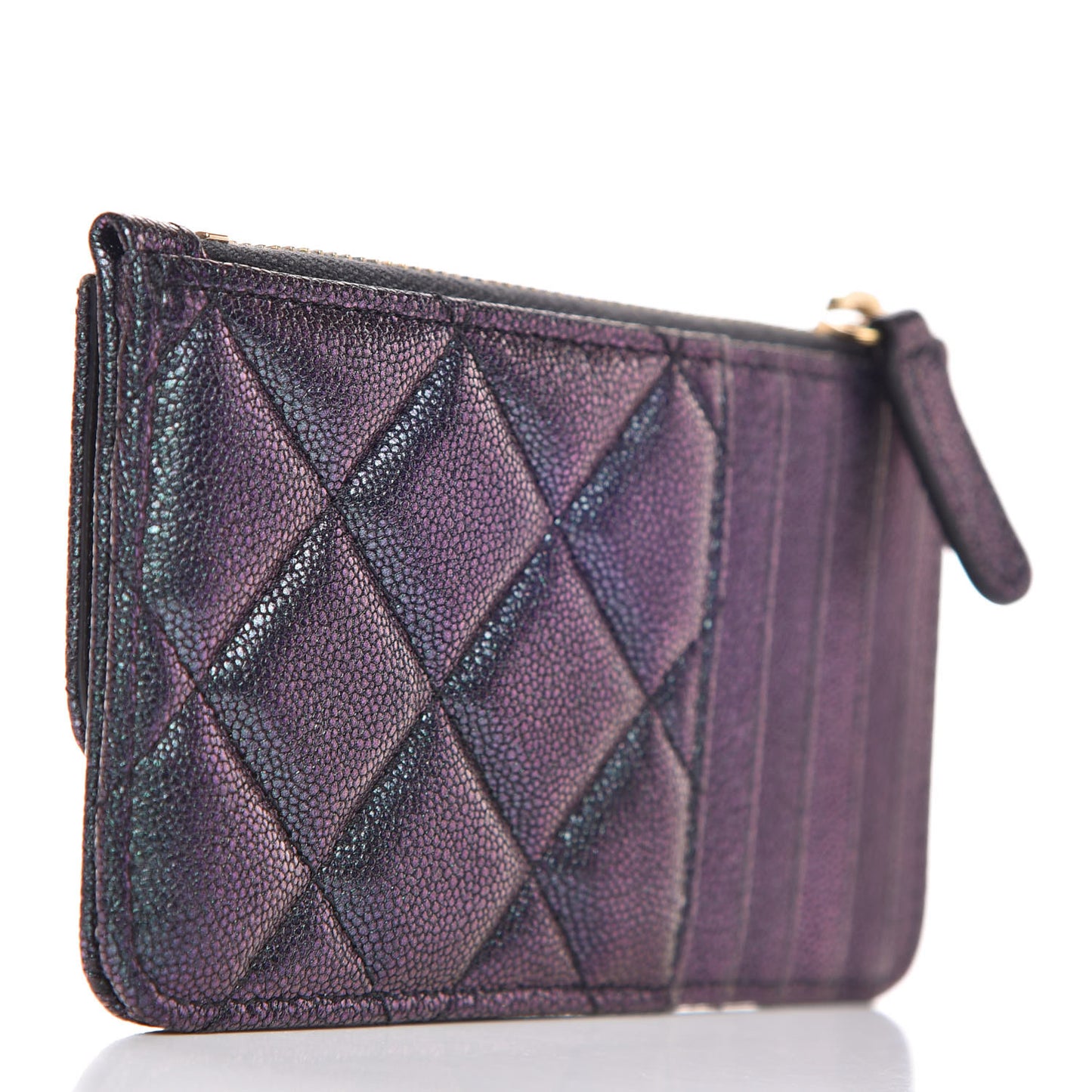 Iridescent Caviar Quilted Flap Zip Card Holder Black
