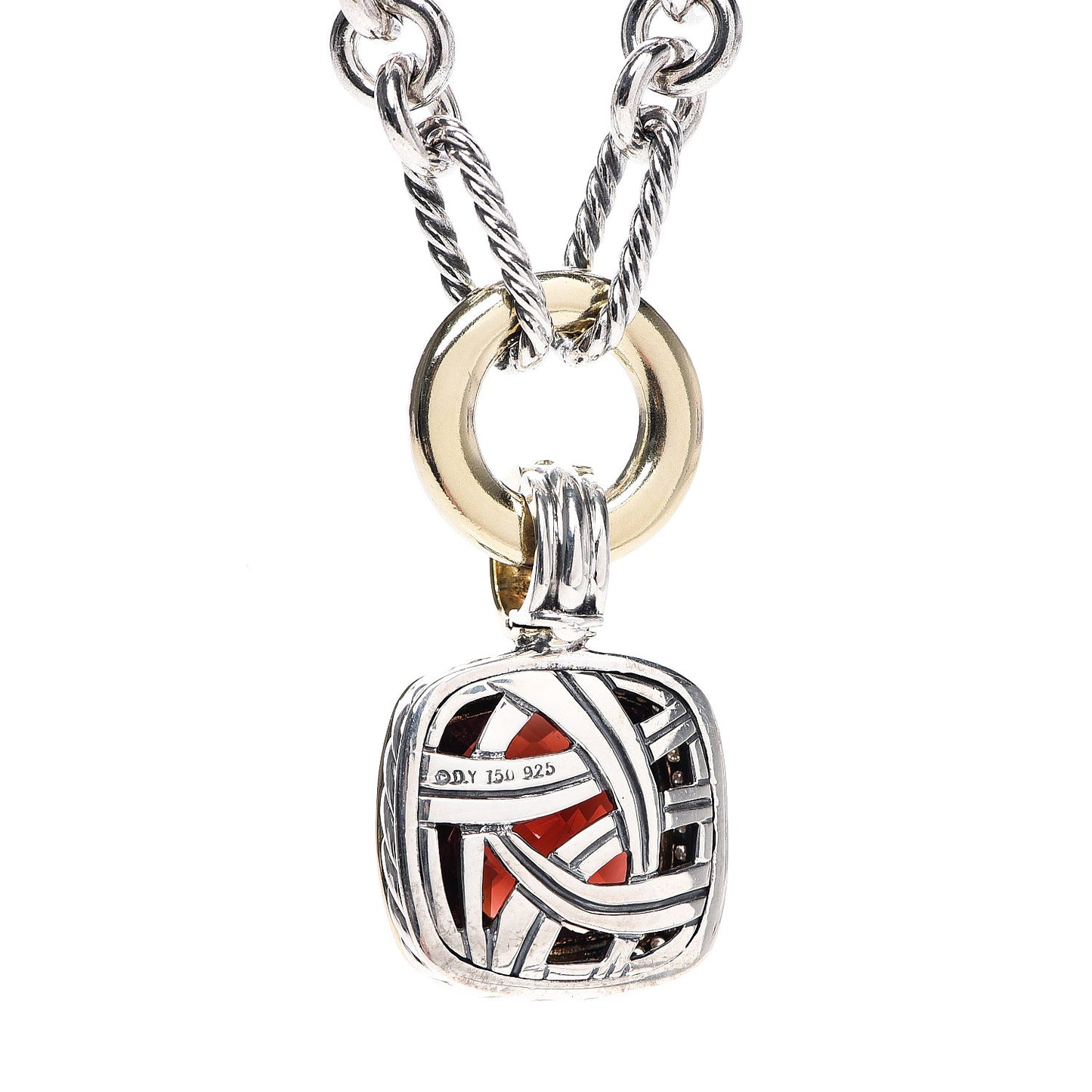 Sterling Silver 18K Yellow Gold Diamond Garnet 14mm Albion Figaro Chain Pendant Necklace