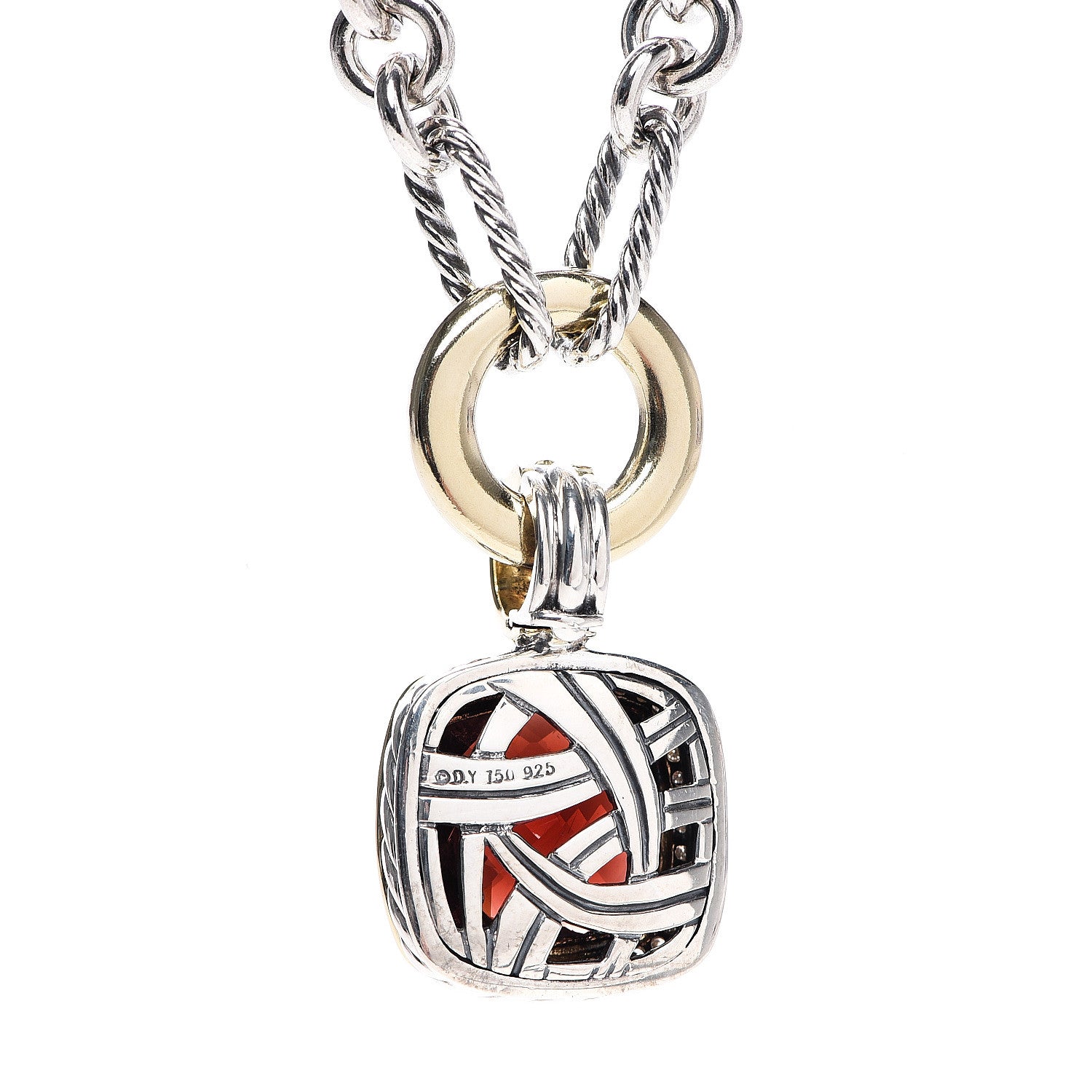 David Yurman Sterling Silver 18K Yellow Gold Diamond Garnet 14mm Albion Figaro Chain Pendant Necklace 4 of 5