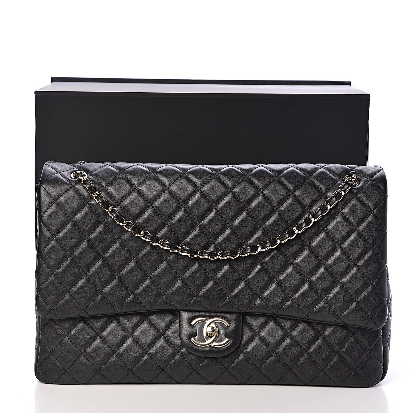 Metallized Calfskin Quilted XXL Travel Flap Bag Black