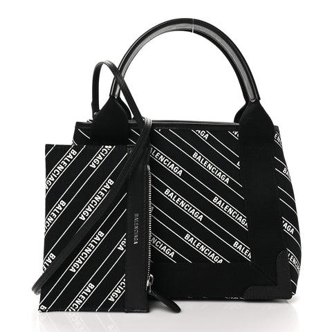 Cotton Canvas Calfskin Logo Print Navy Cabas XS Black White