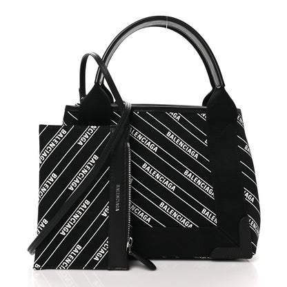 Balenciaga Cotton Canvas Calfskin Logo Print Navy Cabas XS Black White 2 of 11