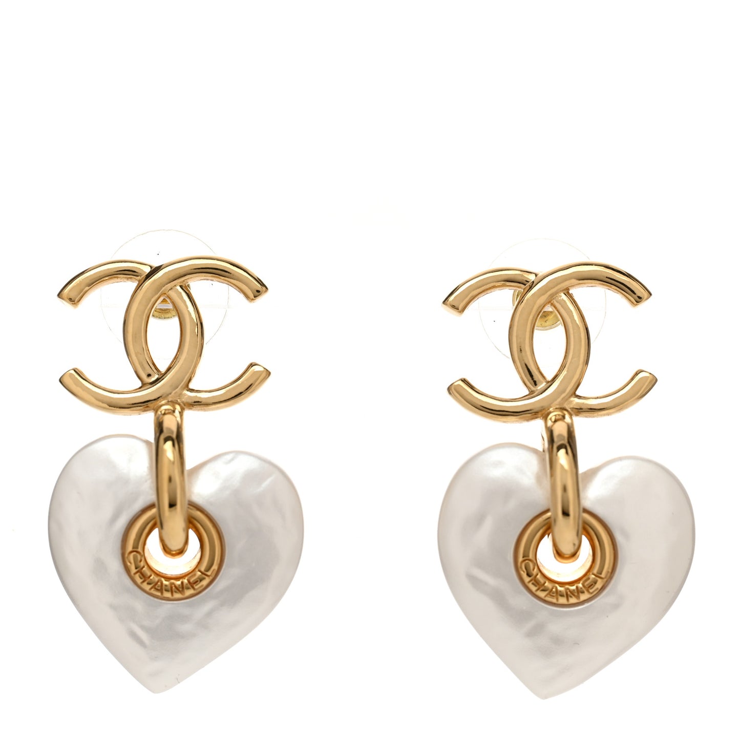 Pearl CC Heart Drop Earrings Gold