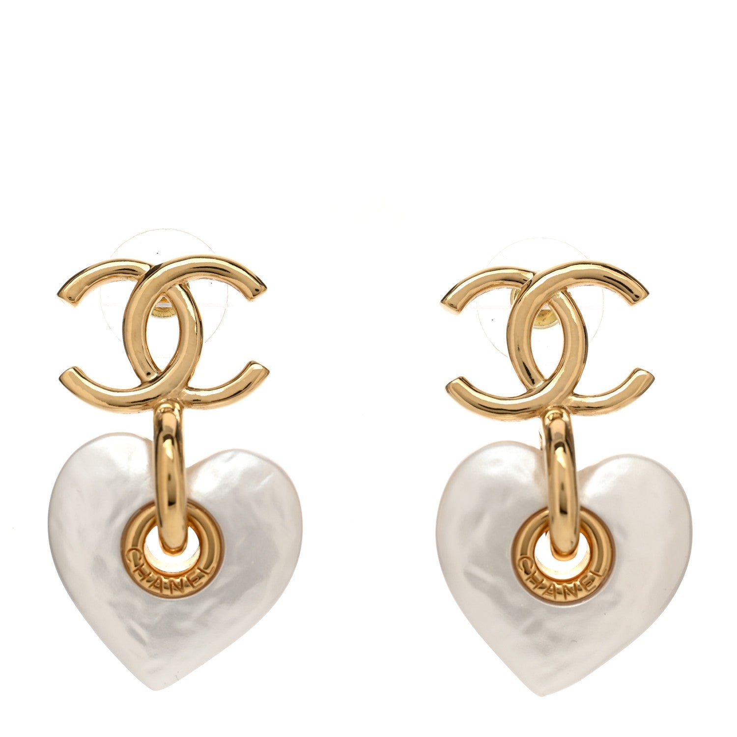 Chanel Pearl CC Heart Drop Earrings Gold 1 of 5