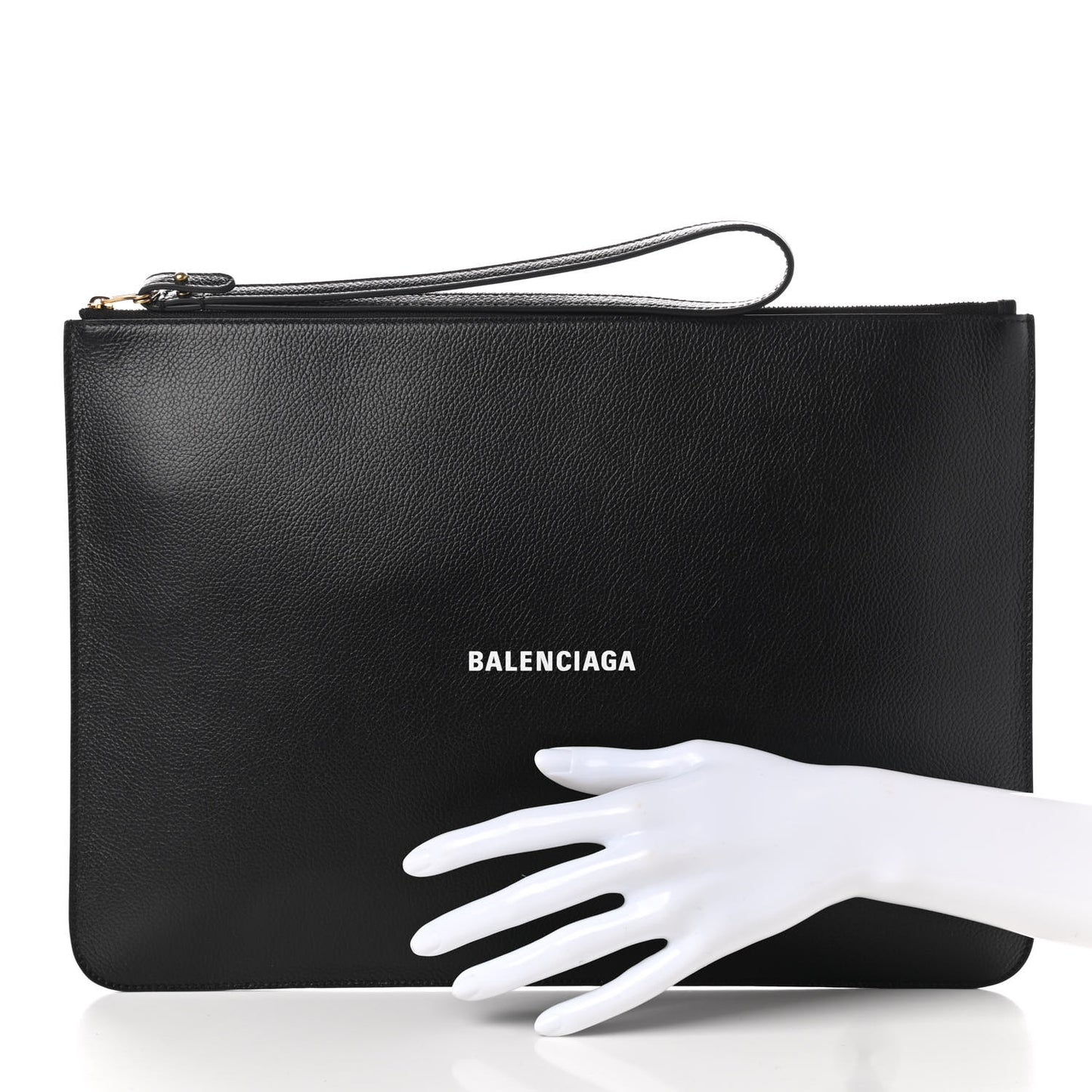 Grained Calfskin Logo Large Cash Wristlet Pouch Black White
