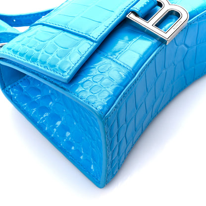 Balenciaga Shiny Calfskin Crocodile Embossed Hourglass Top Handle Bag XS Cyan 10 of 11