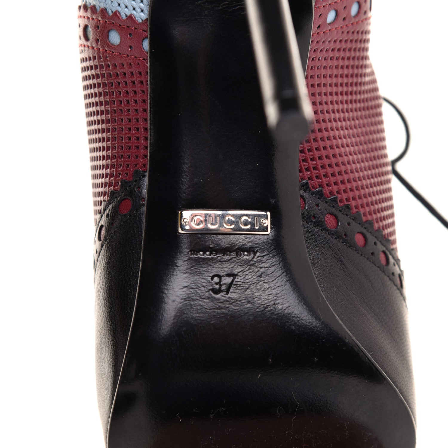 Gucci Calfskin Gia Oxford Stiletto Ankle Boots 37 Black Burgundy Blue 6 of 8