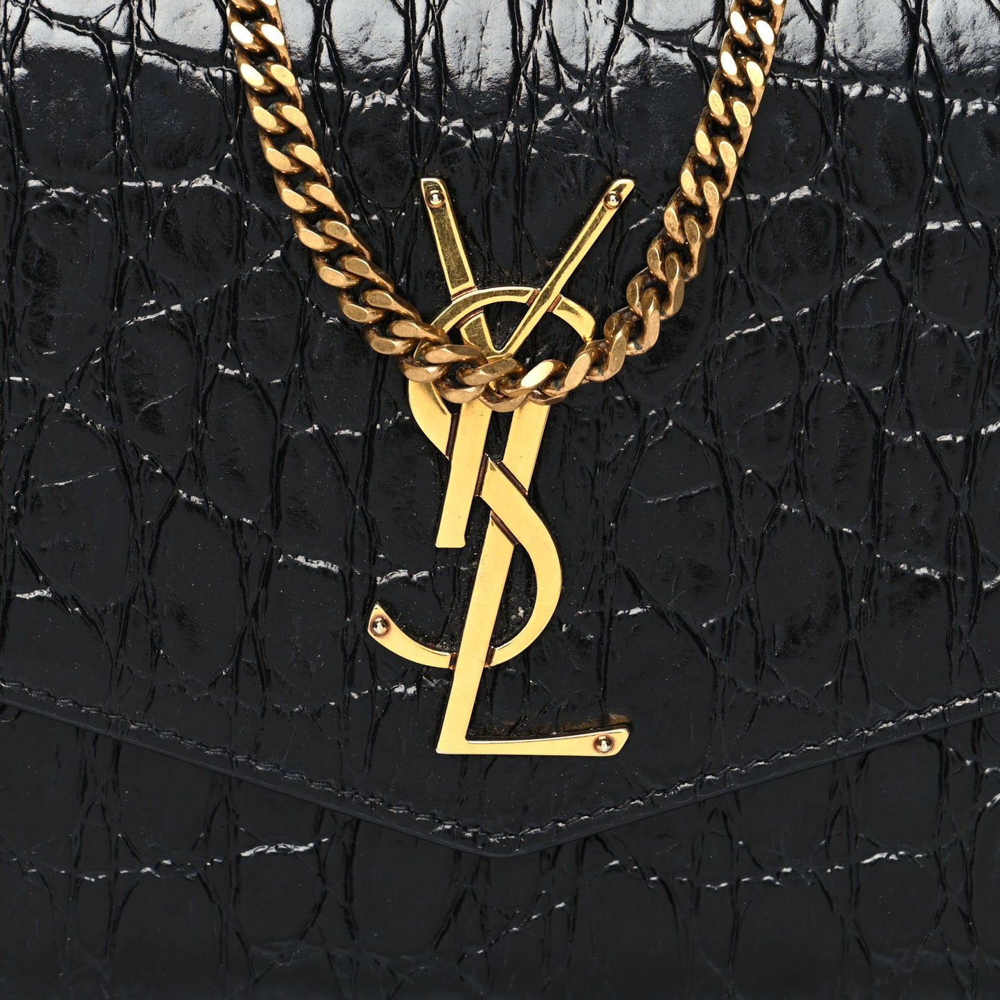 Calfskin Crocodile Embossed Monogram Uptown Chain Wallet Black