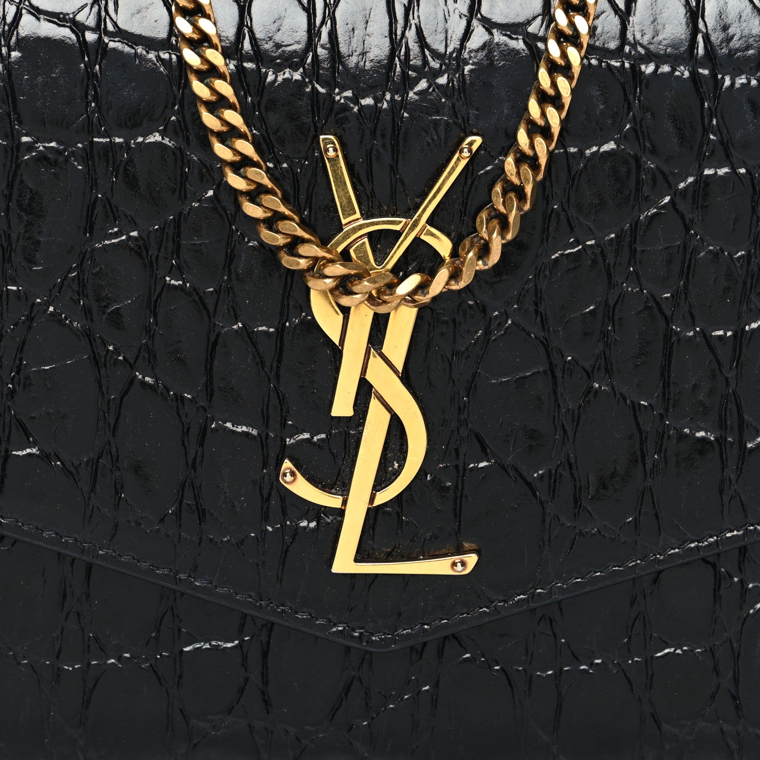 Saint Laurent Calfskin Crocodile Embossed Monogram Uptown Chain Wallet Black 8 of 11