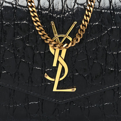 Saint Laurent Calfskin Crocodile Embossed Monogram Uptown Chain Wallet Black 8 of 11