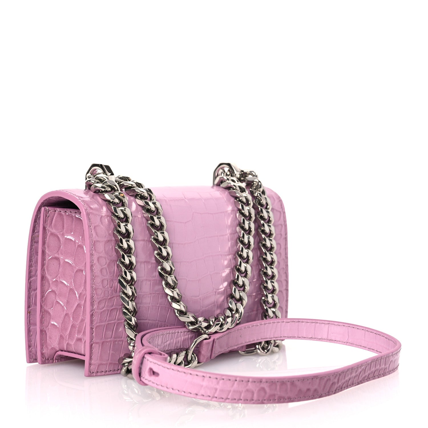 Alexander McQueen Shiny Crocodile Embossed Jeweled Satchel Pink 3 of 11