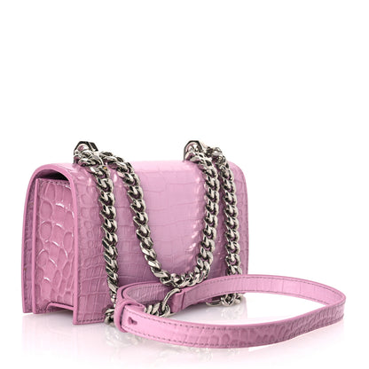 Alexander McQueen Shiny Crocodile Embossed Jeweled Satchel Pink 3 of 11