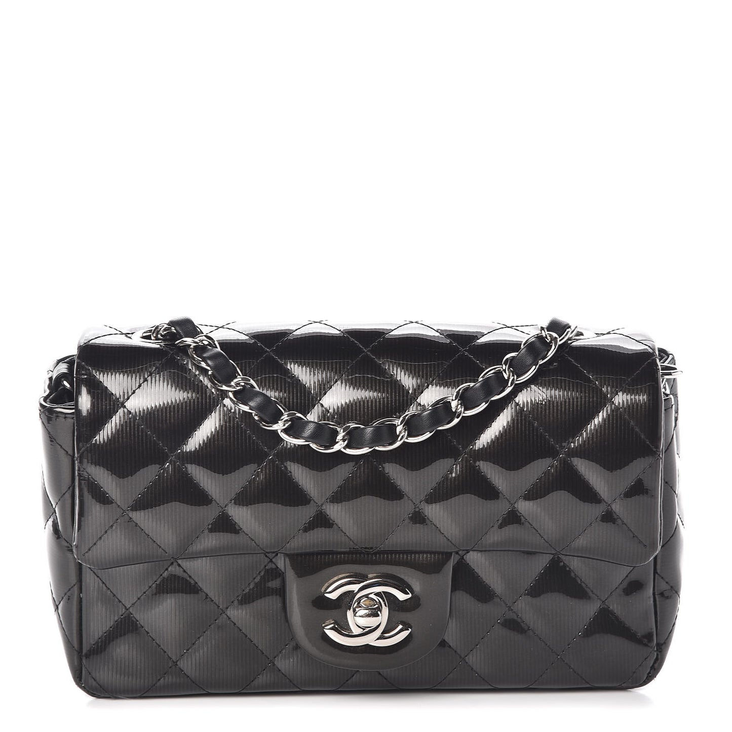 Striated Patent Calfskin Quilted Mini Rectangular Flap Dark Grey
