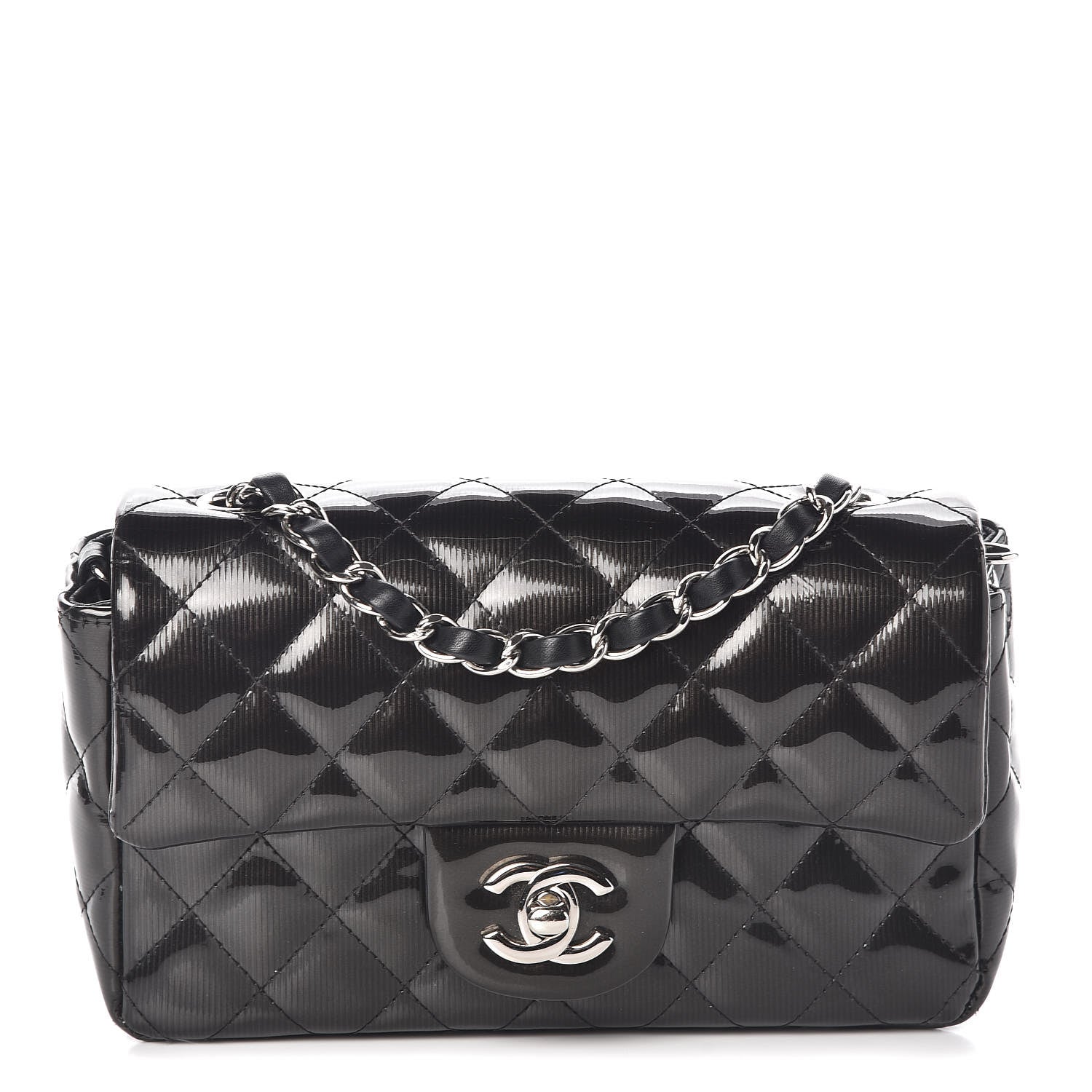 Chanel Striated Patent Calfskin Quilted Mini Rectangular Flap Dark Grey 1 of 15