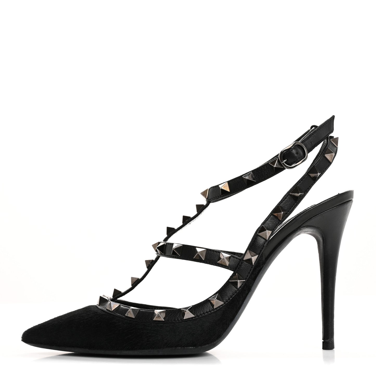 Calf Hair Rockstud Ankle Strap Pumps 38.5 Black