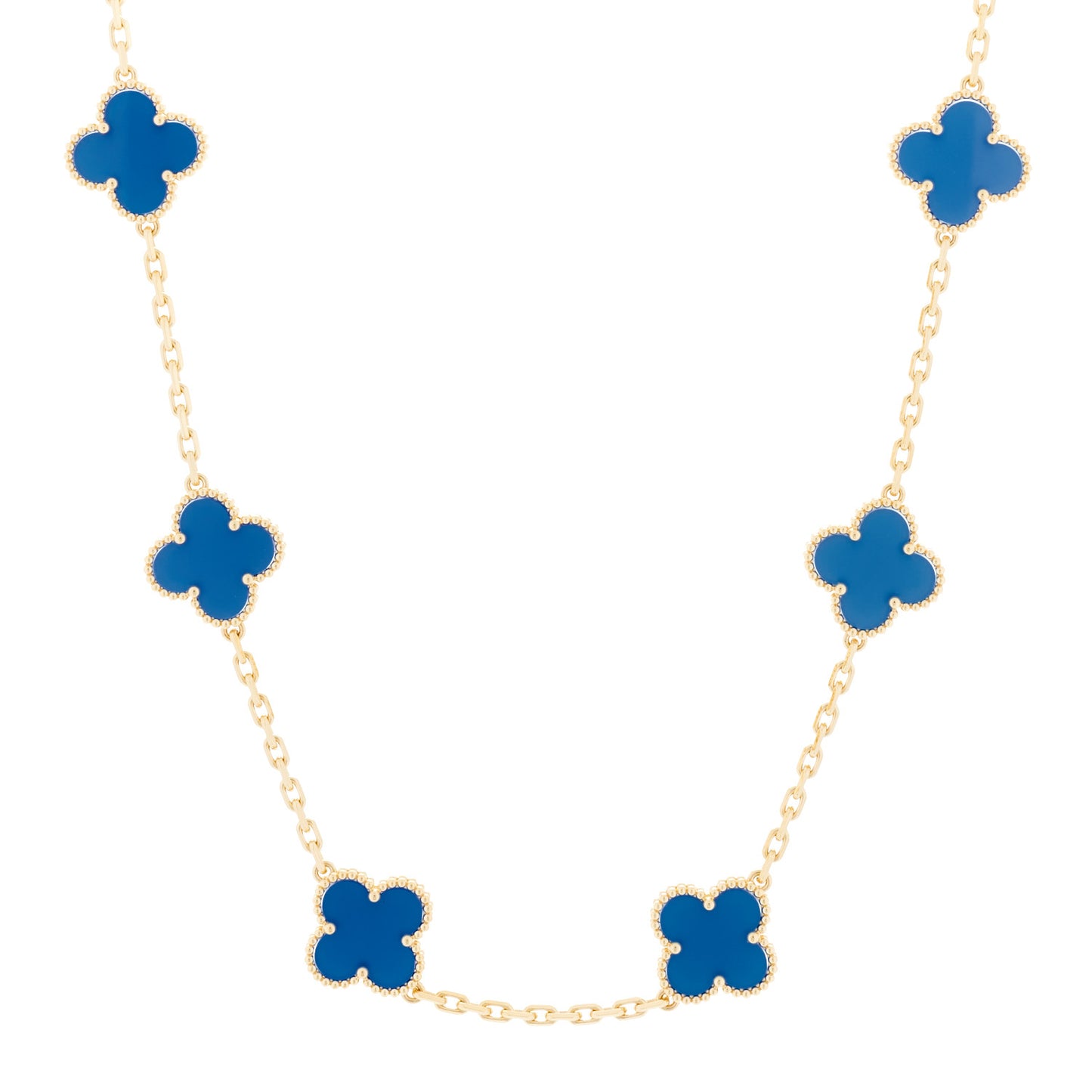 18K Yellow Gold Blue Agate 10 Motifs Vintage Alhambra Necklace