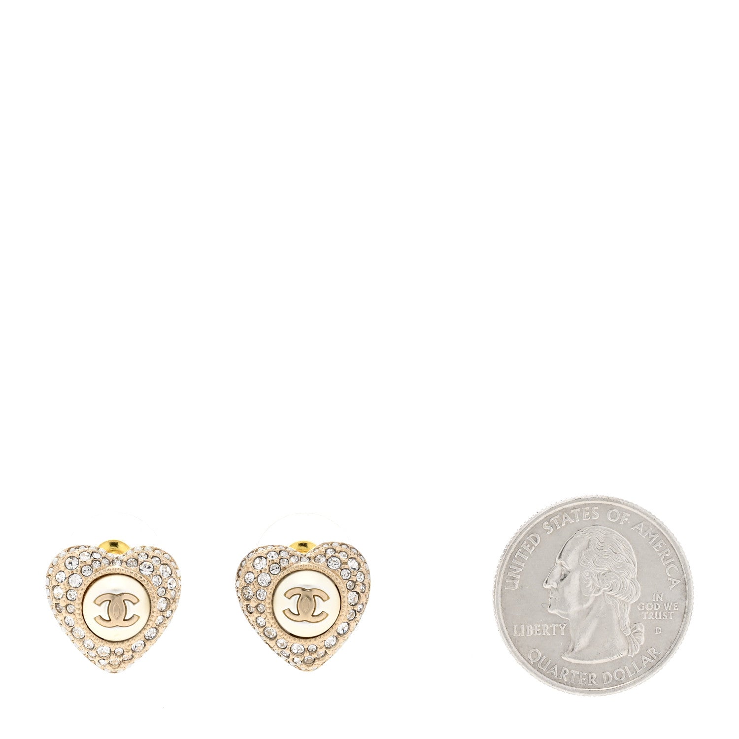 Chanel Pearl Crystal CC Heart Earrings Gold White 2 of 5
