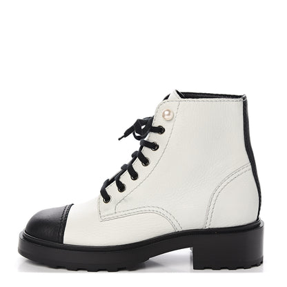 Chanel Lambskin Grained Calfskin CC Cap Toe Short Boots 37.5 White Black 1 of 10