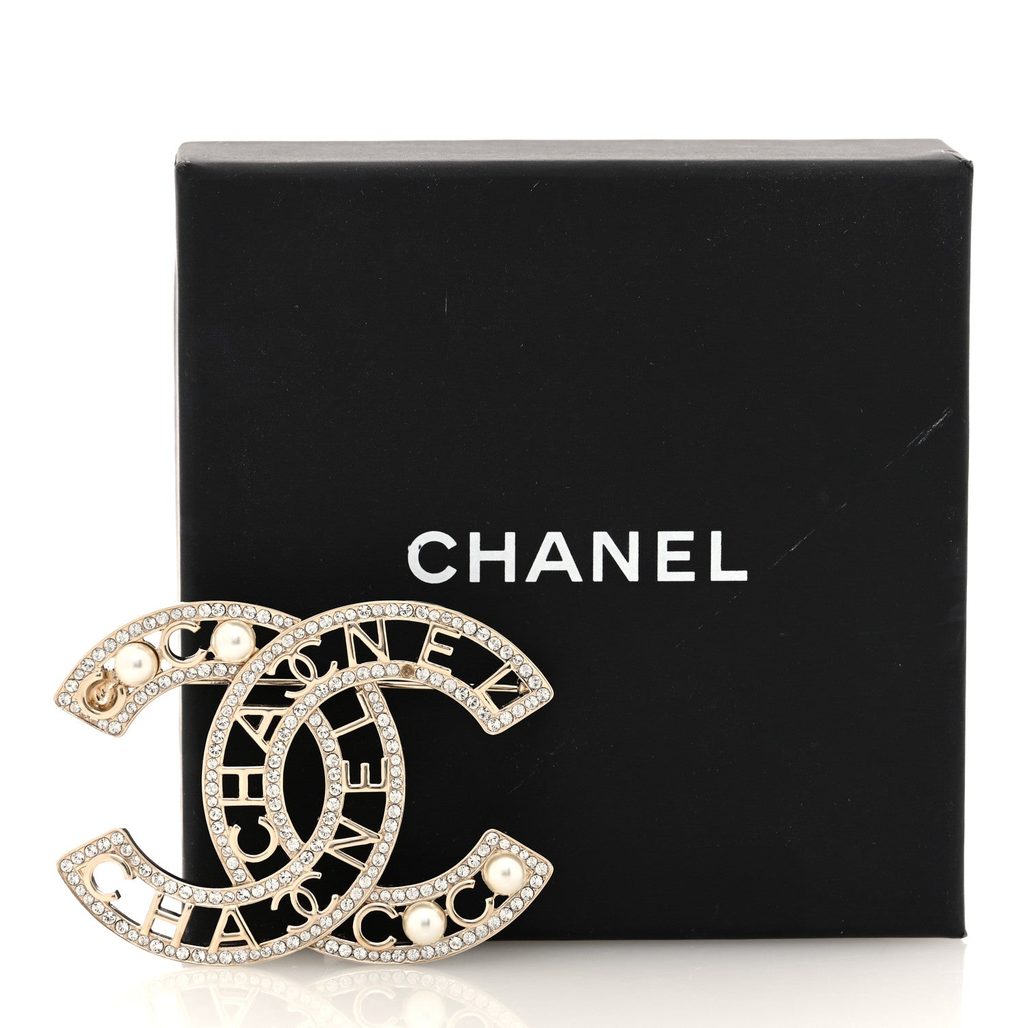Chanel Crystal Pearl Coco CC Logo Brooch Gold 4 of 4