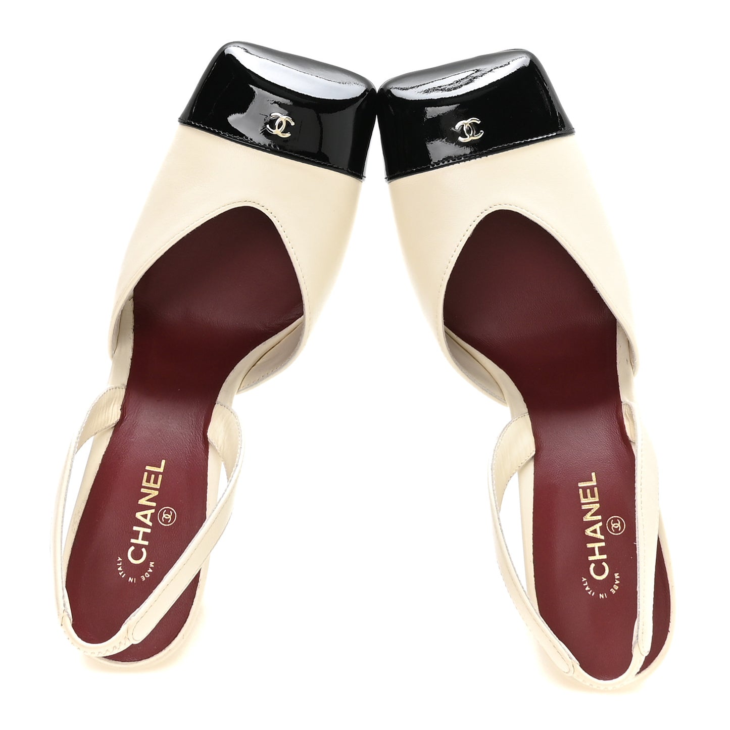 Lambskin Patent Calfskin Cap Toe CC Slingback Pumps 38.5 Ivory Black