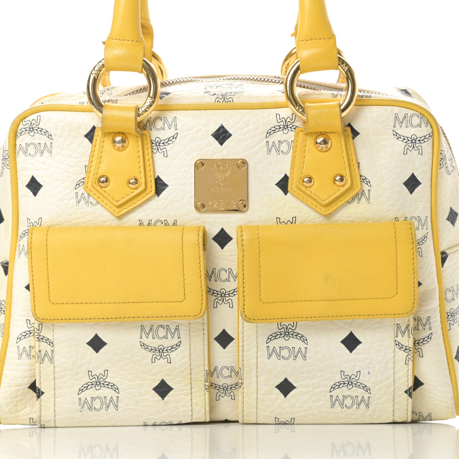 MCM Visetos Satchel White Yellow 8 of 20