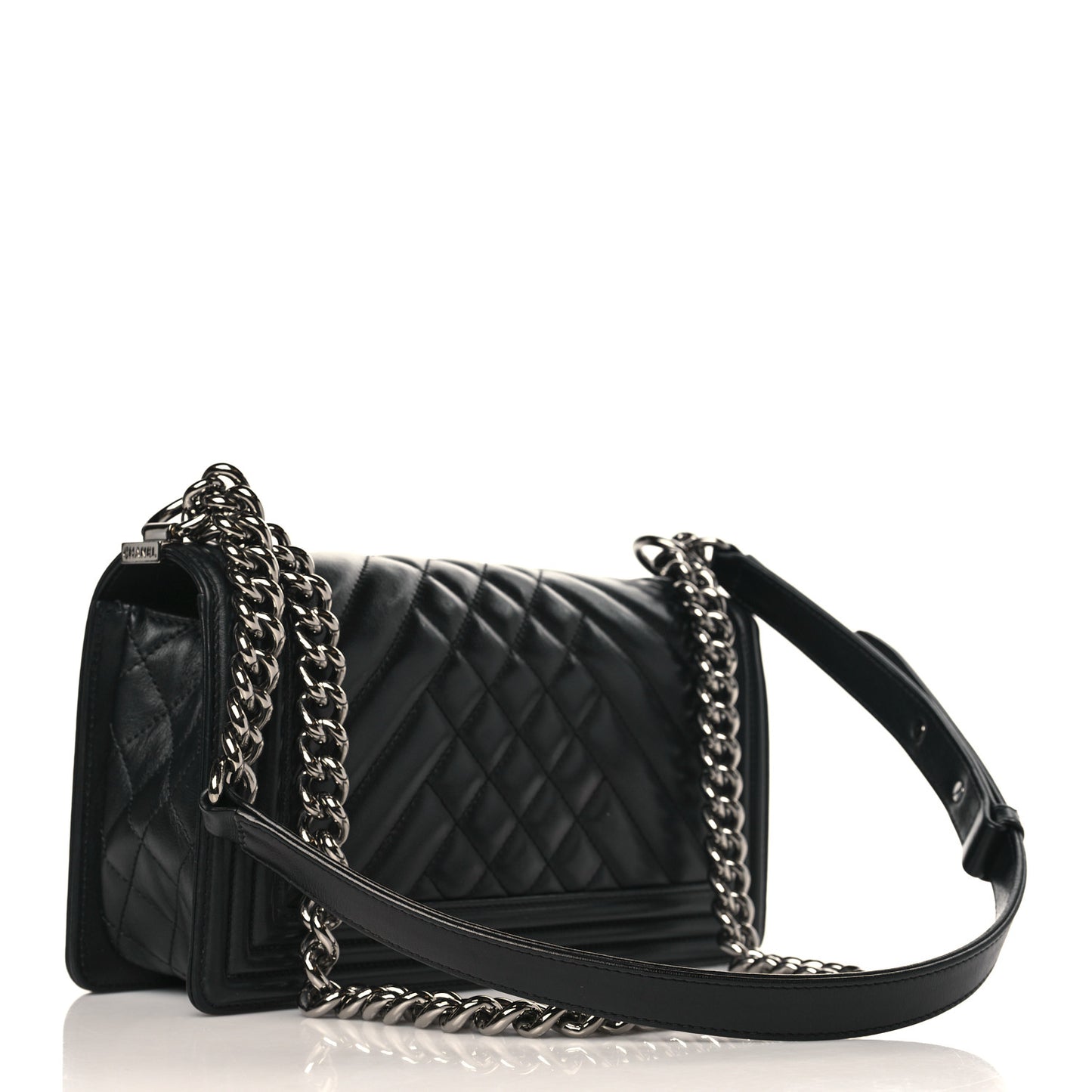 Calfskin Chevron Quilted Medium Boy Flap Black