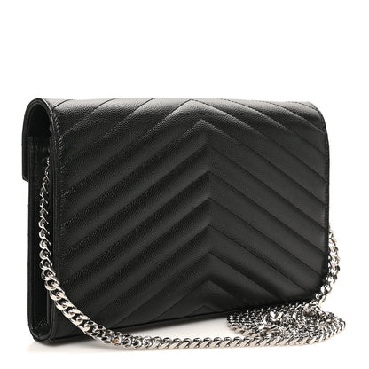 Saint Laurent Grain De Poudre Matelasse Chevron Monogram Chain Wallet Black 3 of 12