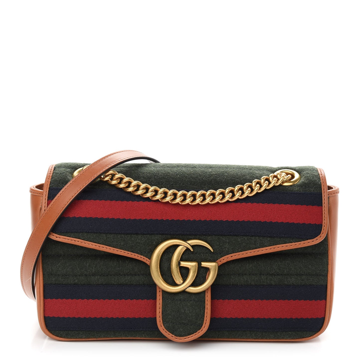 Loden Fabric Cuoio Harness Web Matelasse Horizontal Small GG Marmont Shoulder Bag Underwood Blue Red Harness Brown