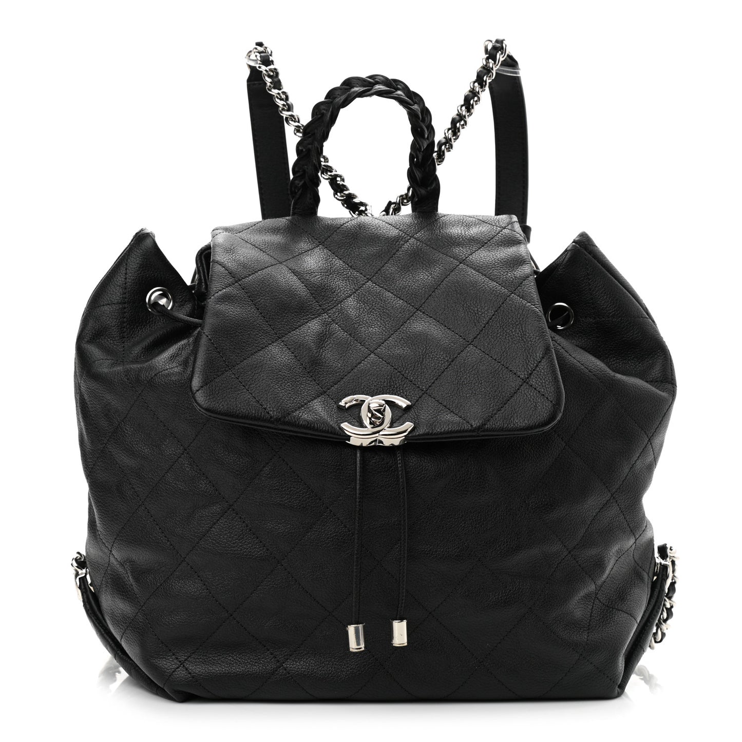 Grained Calfskin Stitched Braided With Style Backpack Black