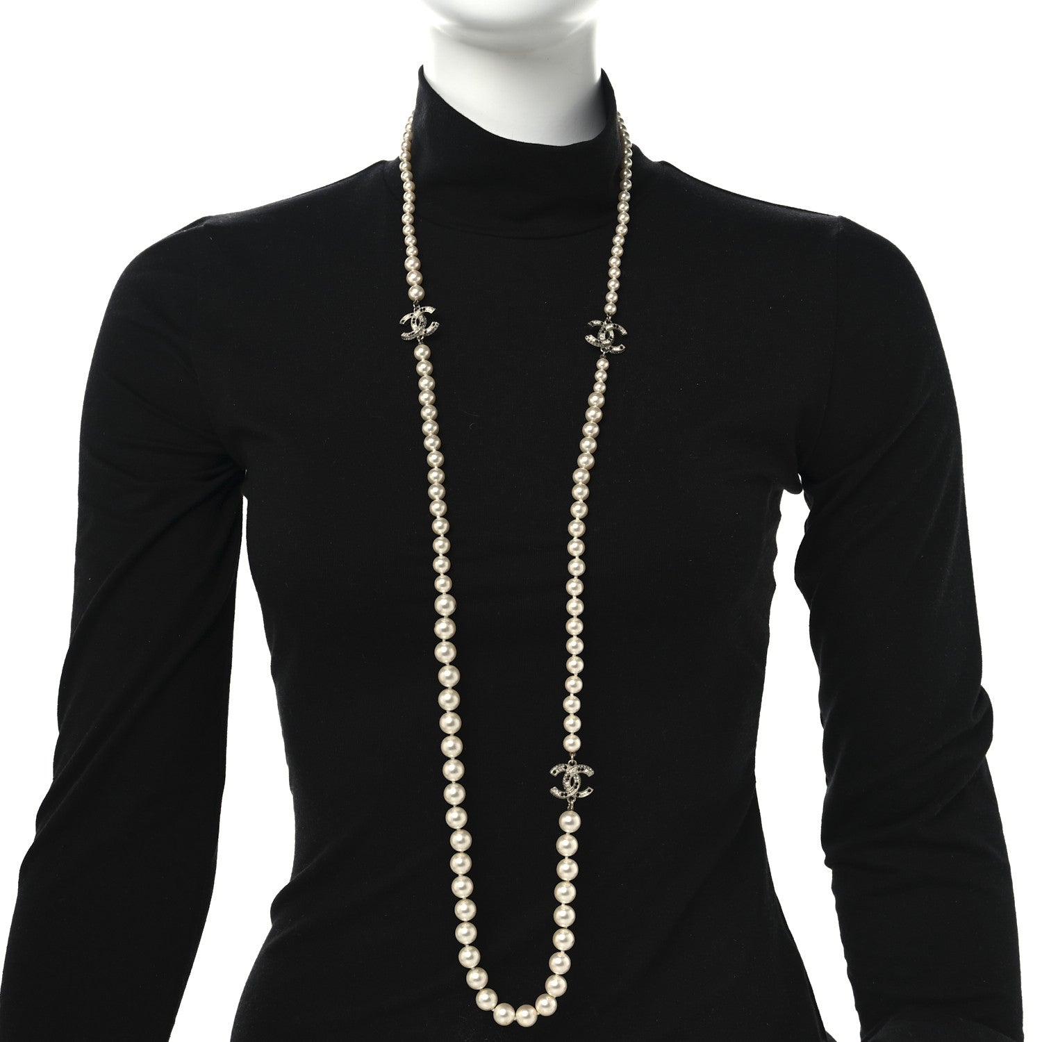 Chanel Baguette Crystal Pearl CC Long Necklace Black Gold 3 of 10