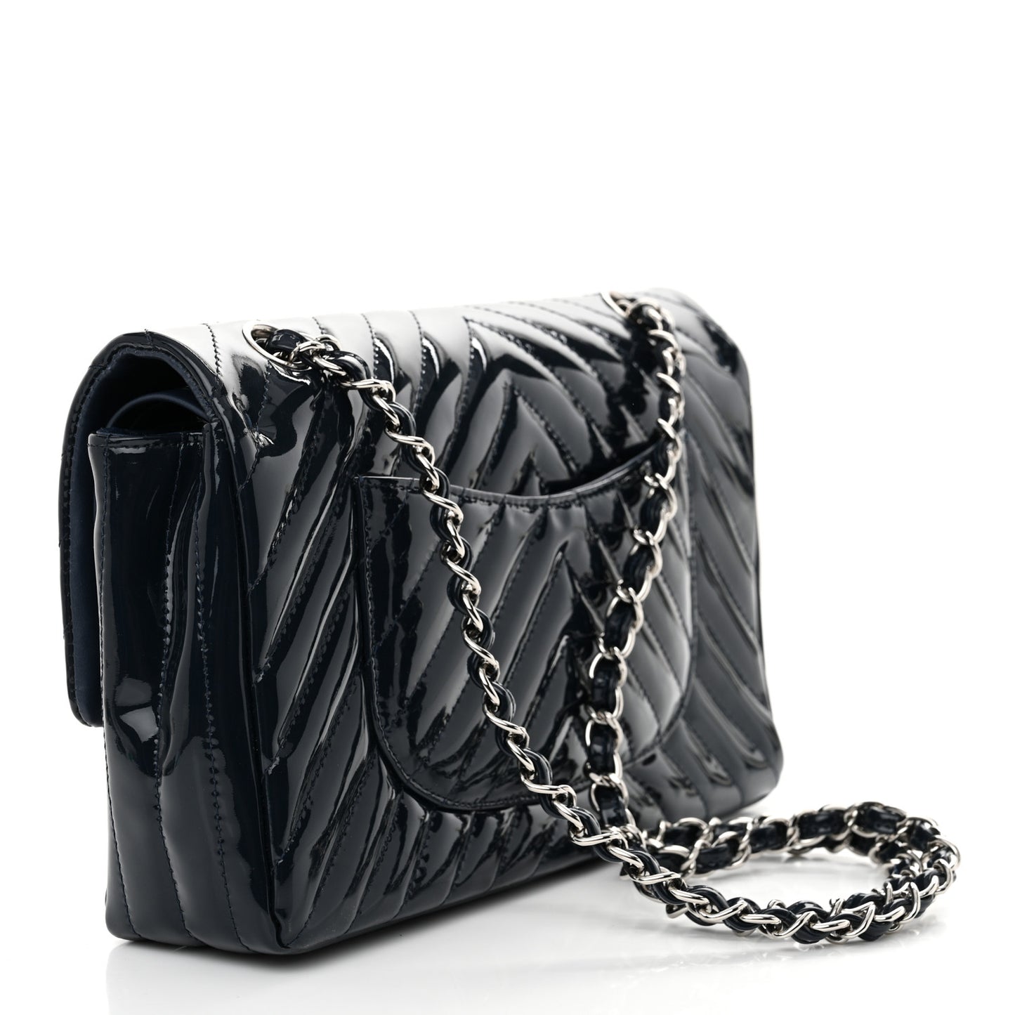 Patent Chevron Quilted Medium Double Flap Navy