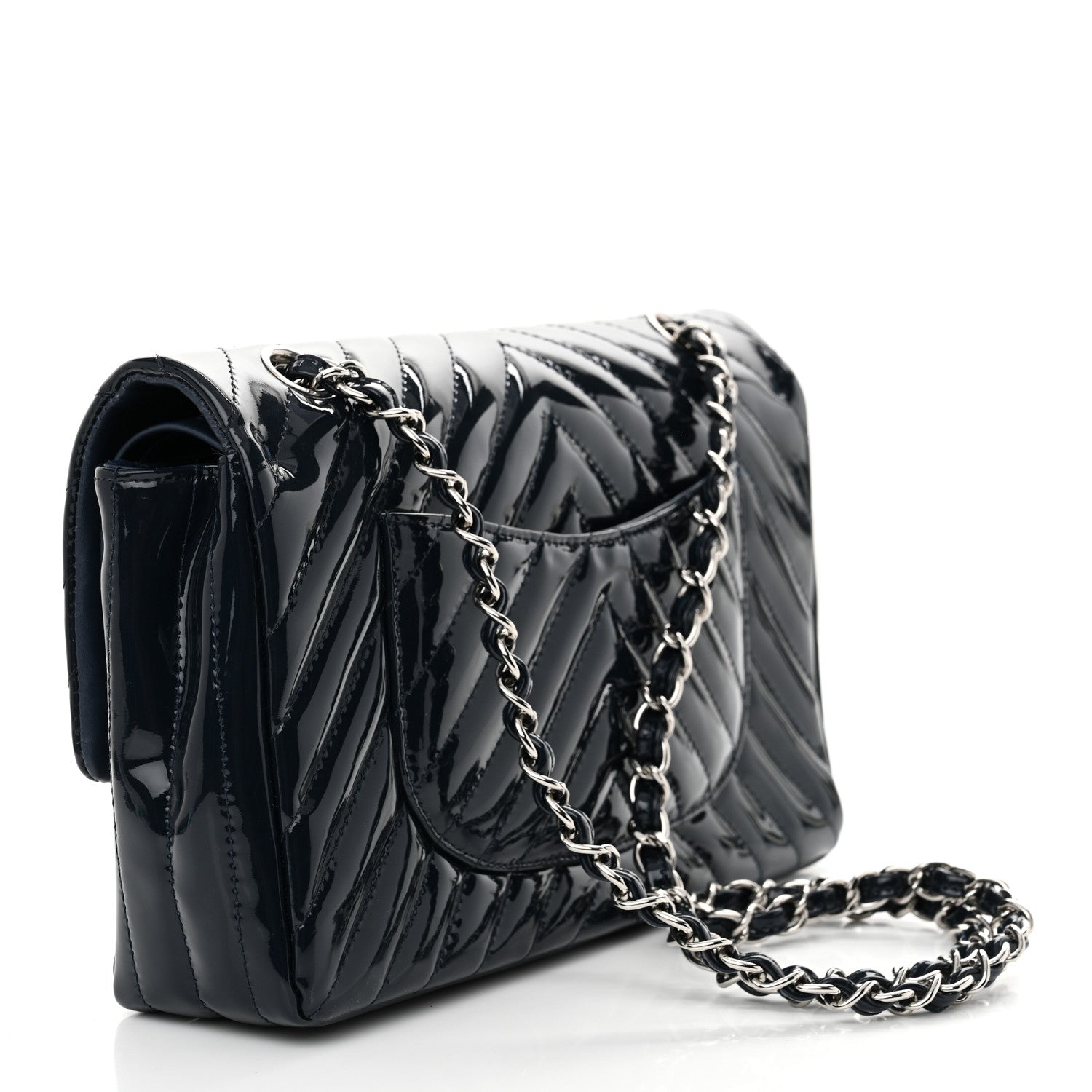Chanel Patent Chevron Quilted Medium Double Flap Navy 3 of 12
