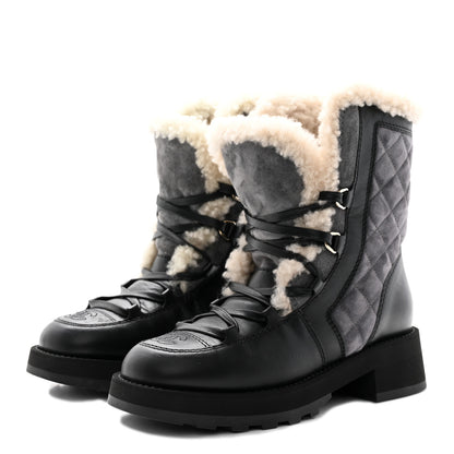Chanel Calfskin Suede Shearling Lace Up Boots 35.5 Black Grey 3 of 9