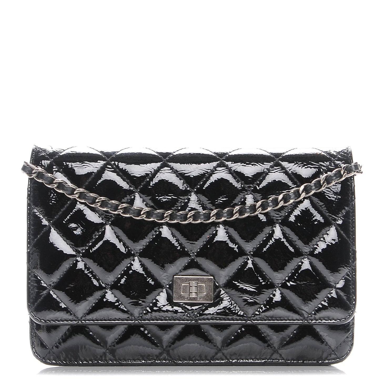 Distressed Patent Calfskin Quilted Reissue Wallet On Chain WOC Black