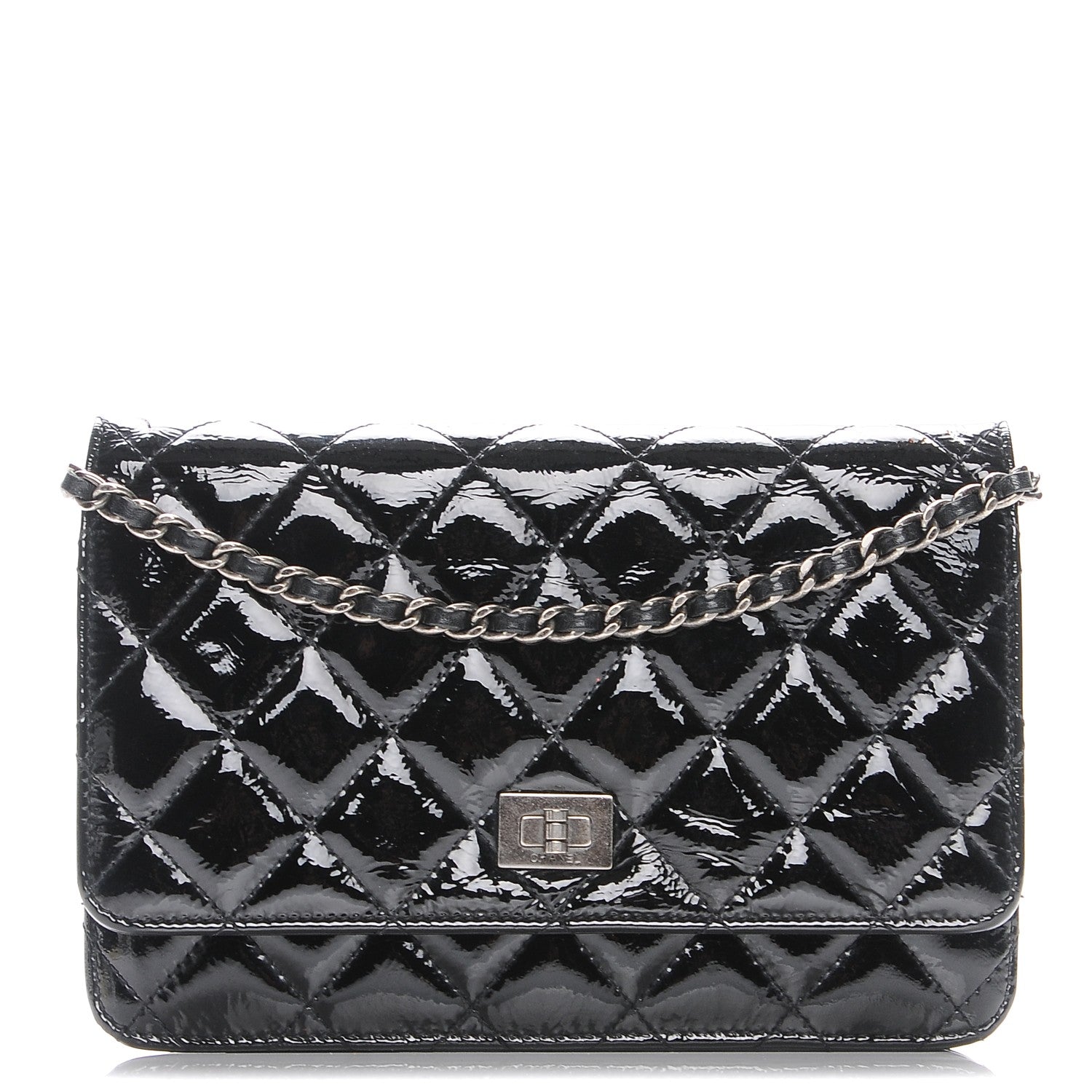 Chanel Distressed Patent Calfskin Quilted Reissue Wallet On Chain WOC Black 1 of 9