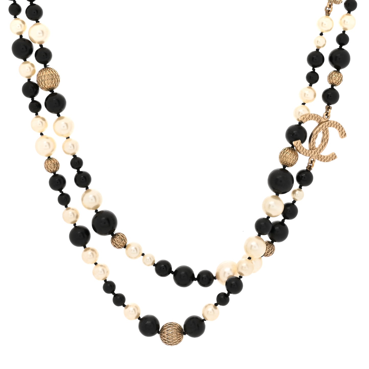 Metal Pearl Beaded Textured CC Long Necklace Gold Black White