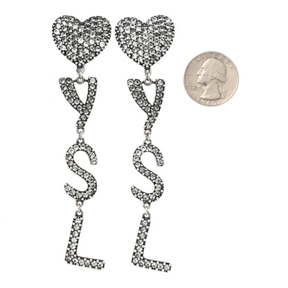 Saint Laurent Brass Crystal Monogram Heart Drop Clip Earrings Silver 2 of 5