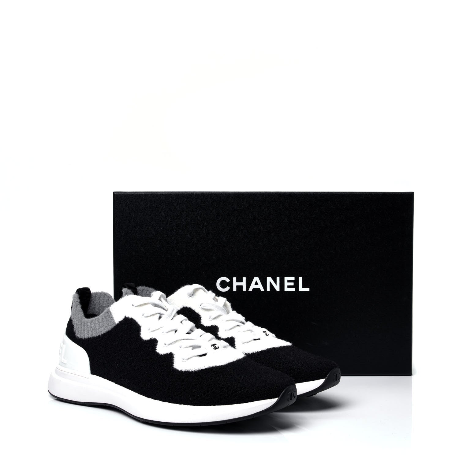 Chanel Fabric Mens CC Sneakers 44 Black White Grey 10 of 10