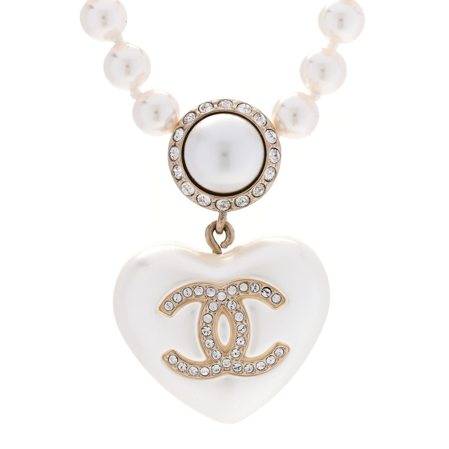 Pearl Crystal CC Heart Short Necklace Pearly White Gold