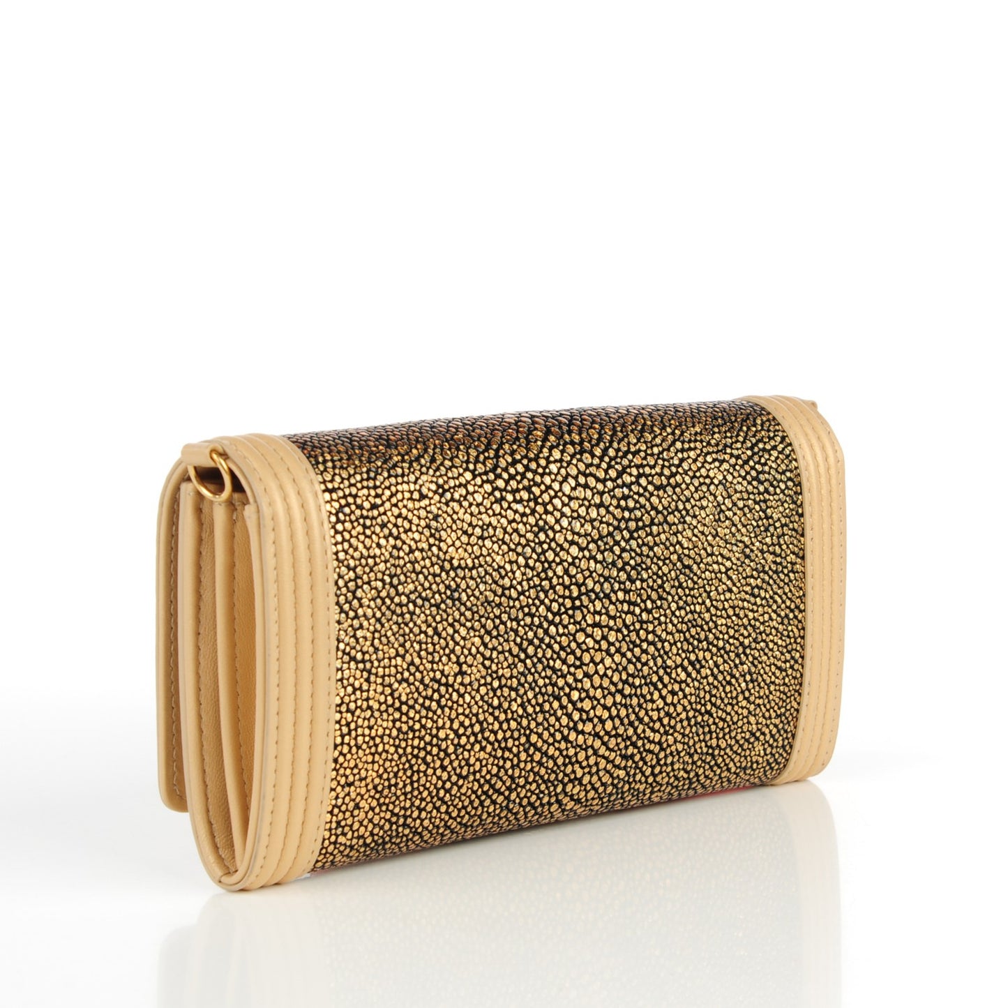 Metallic Galuchat Stingray Lambskin Boy Wallet With Removable Chain Gold