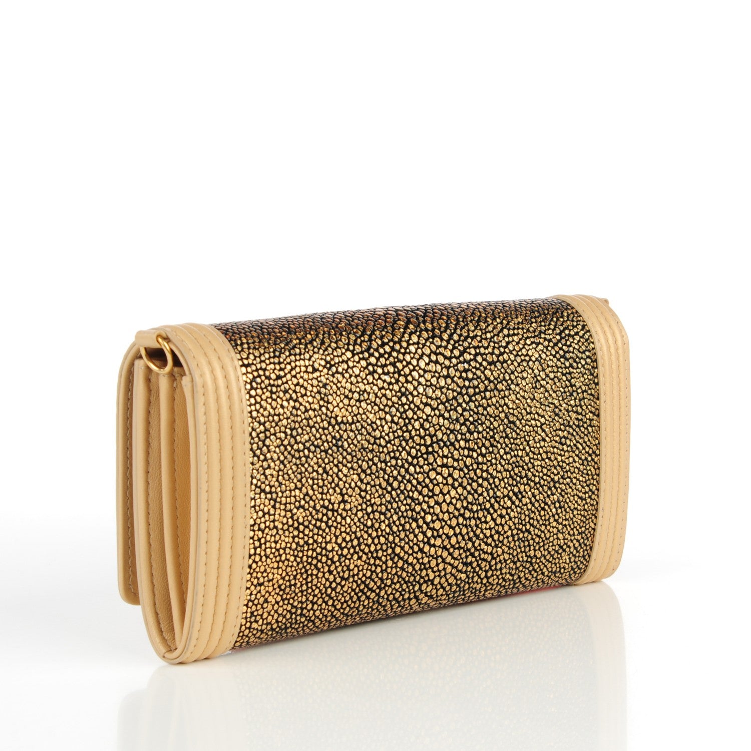 Chanel Metallic Galuchat Stingray Lambskin Boy Wallet With Removable Chain Gold 3 of 8