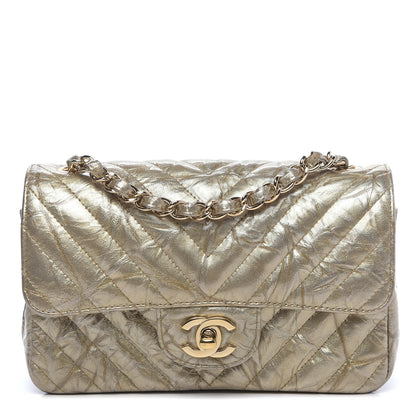 Chanel Patent Metallic Crumpled Calfskin Chevron Quilted Mini Rectangular Flap Gold 1 of 13
