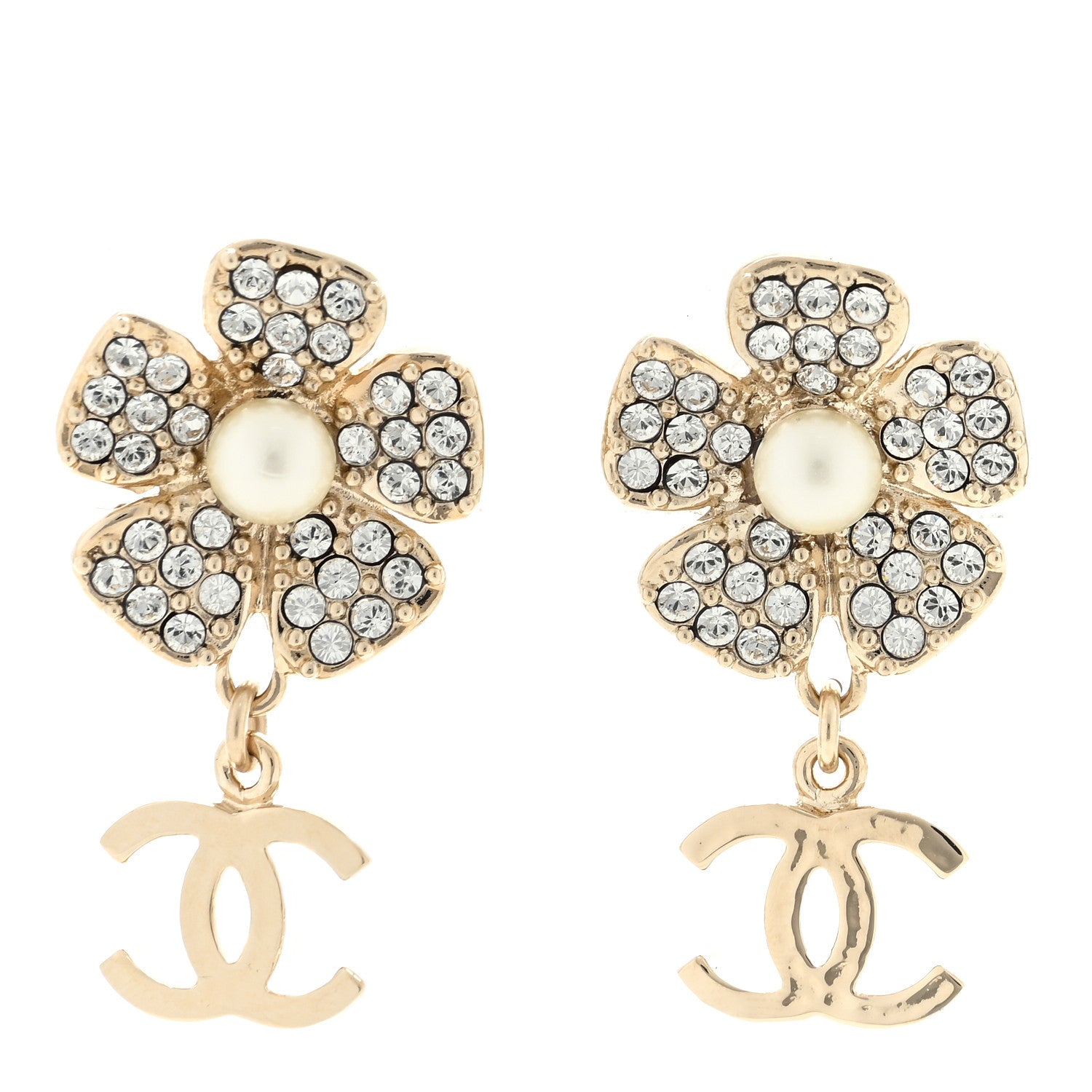 Chanel Metal Pearl Crystal CC Flower Drop Earrings Gold White 1 of 4