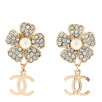 Chanel Metal Pearl Crystal CC Flower Drop Earrings Gold White 1 of 4