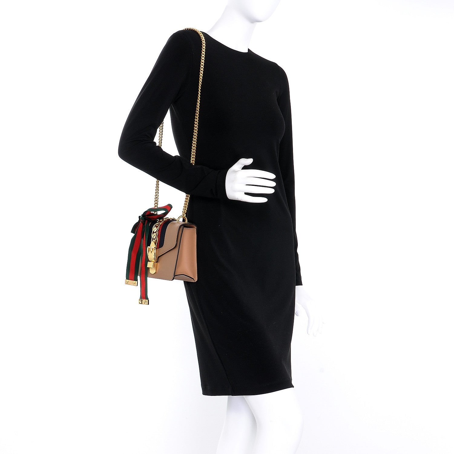 Gucci Vitello Fontanella Web Mini Sylvie Chain Shoulder Bag Camel 2 of 9