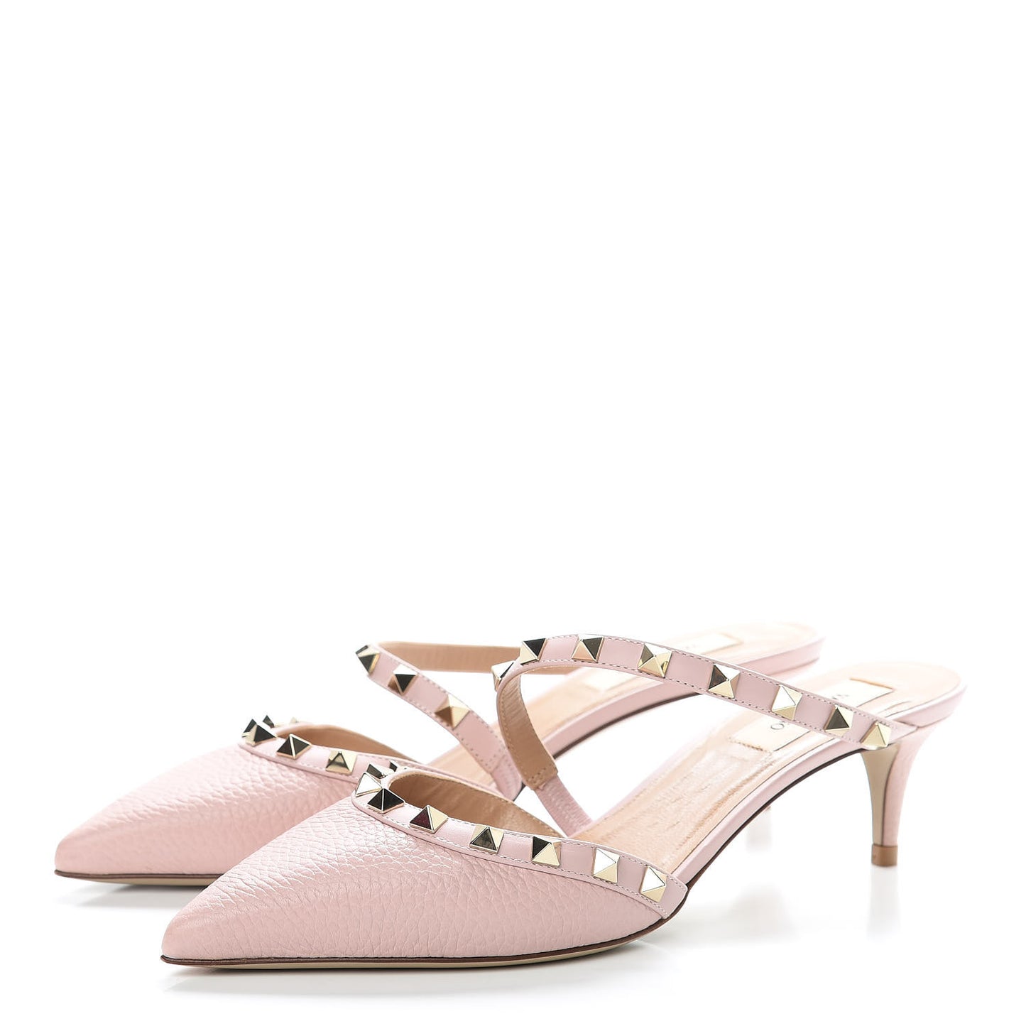 Pebbled Calfskin Rockstud Cross Strap 50mm Mules 37.5 Water Rose
