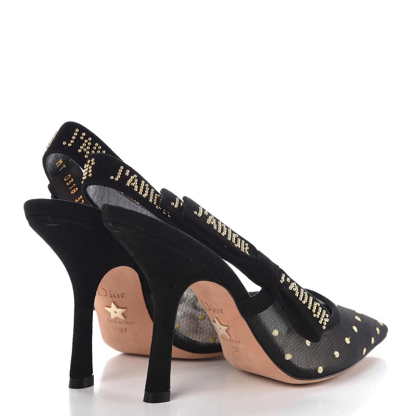 Mesh Plumetis Suede Dotted Studded J'Adoir Slingback 100mm Pumps 37 Black Gold