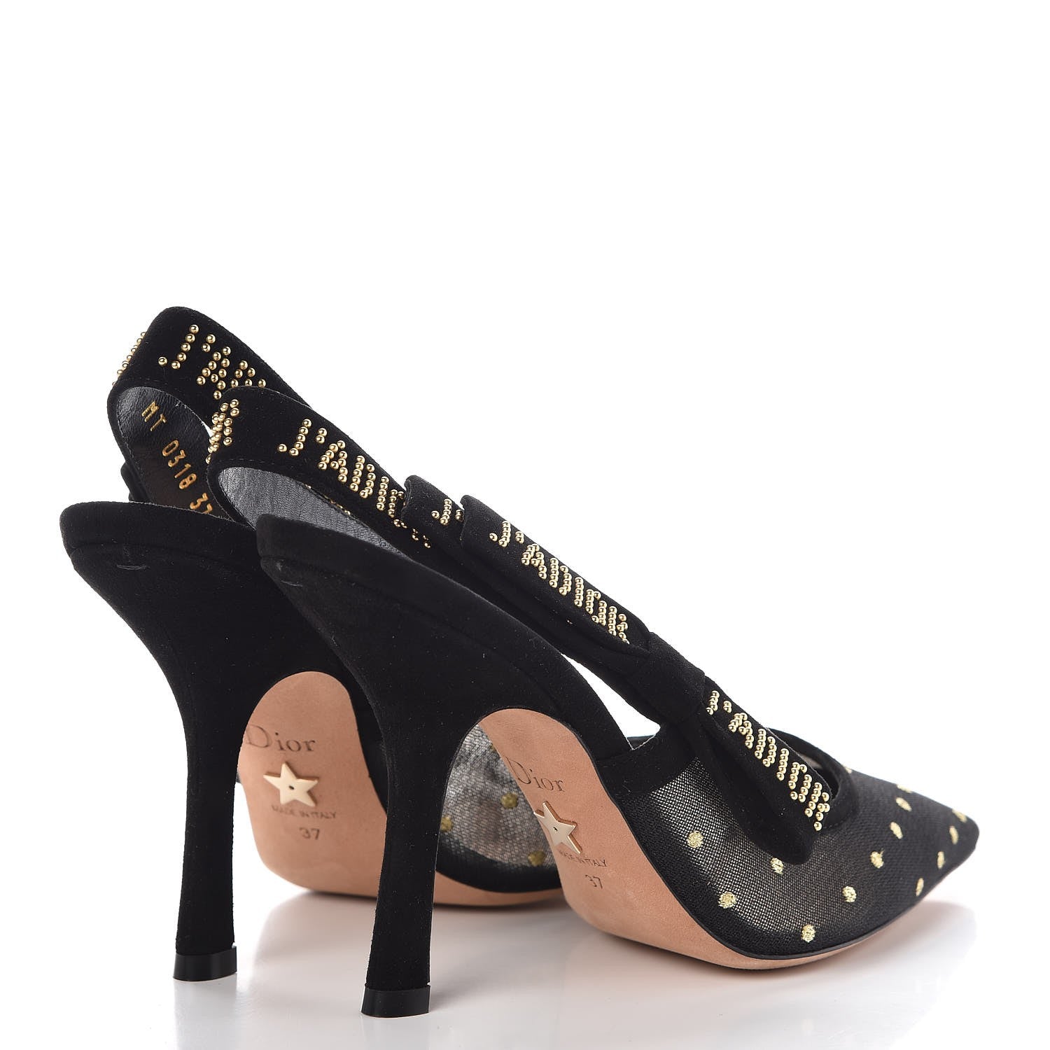 Christian Dior Mesh Plumetis Suede Dotted Studded J'Adoir Slingback 100mm Pumps 37 Black Gold 4 of 10