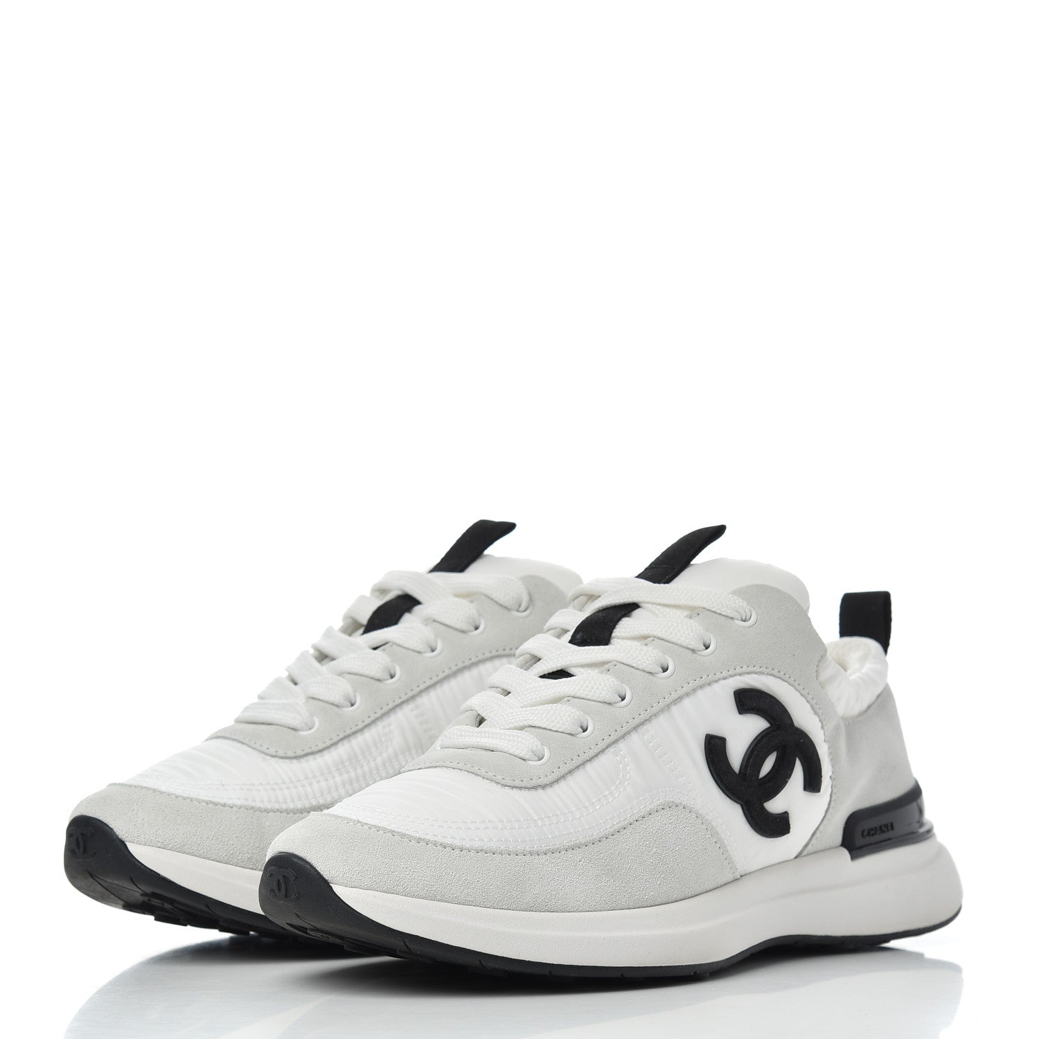 Chanel Nylon Suede Calfskin Womens CC Sneakers 36 Grey White 3 of 16